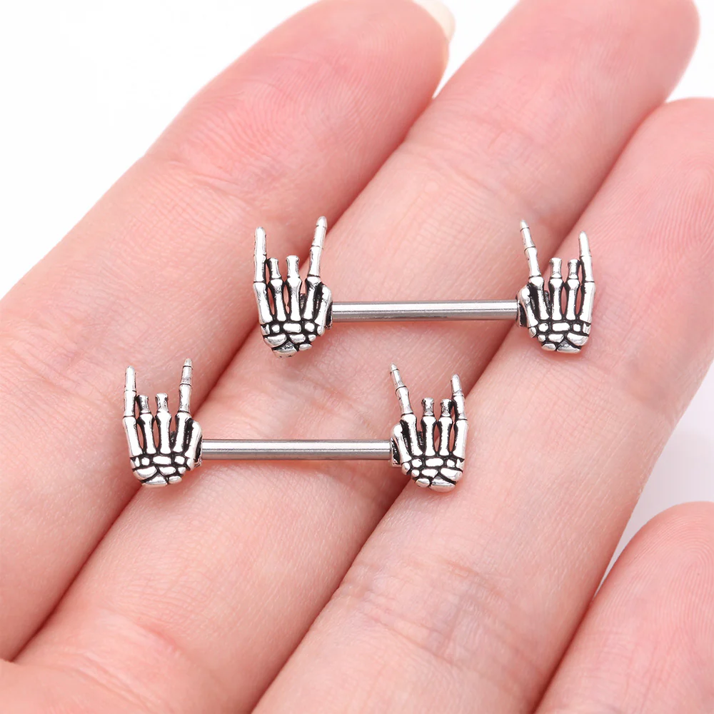 A Pair of Rock On Skeleton Hands Steel Nipple Barbell - Image 3