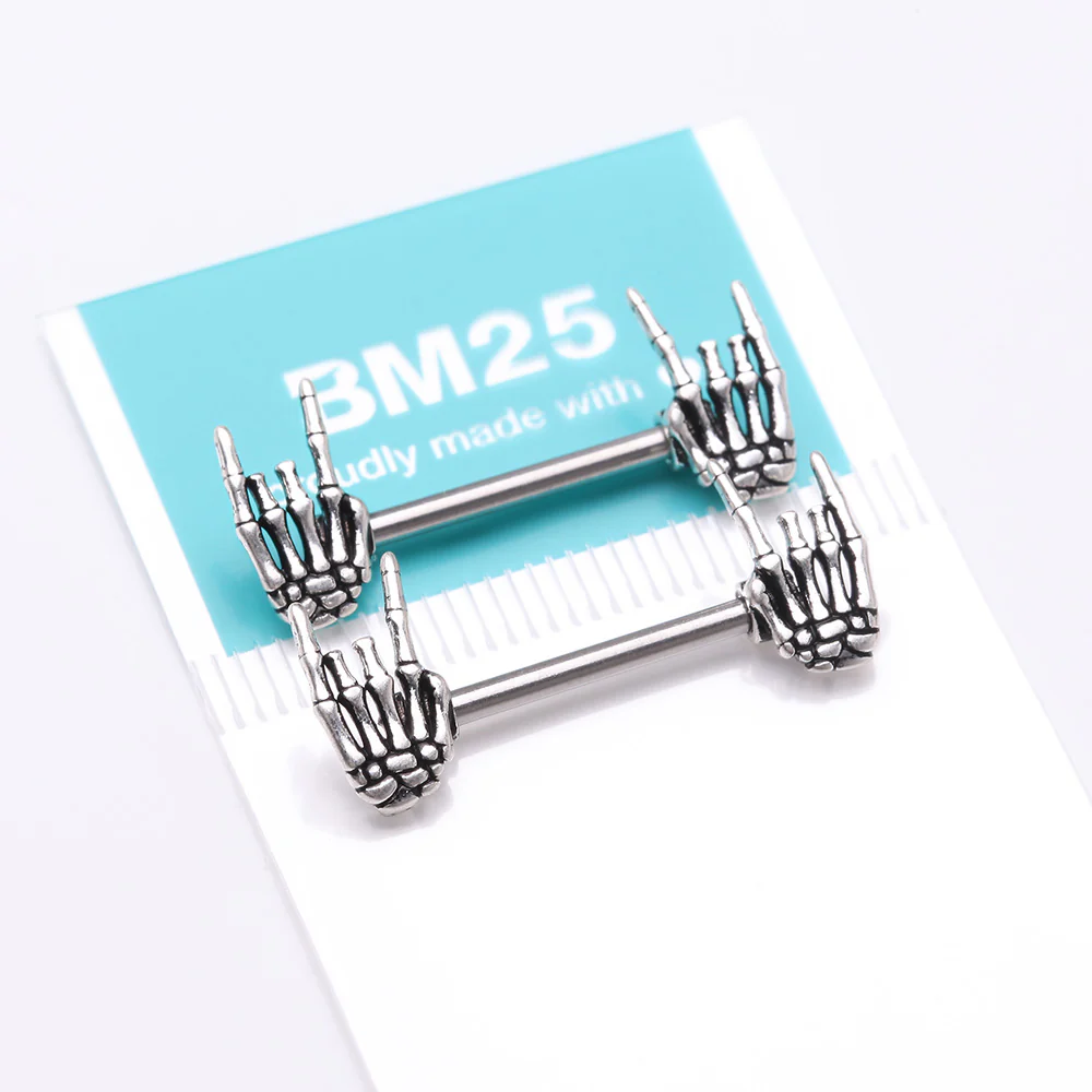 A Pair of Rock On Skeleton Hands Steel Nipple Barbell - Image 4
