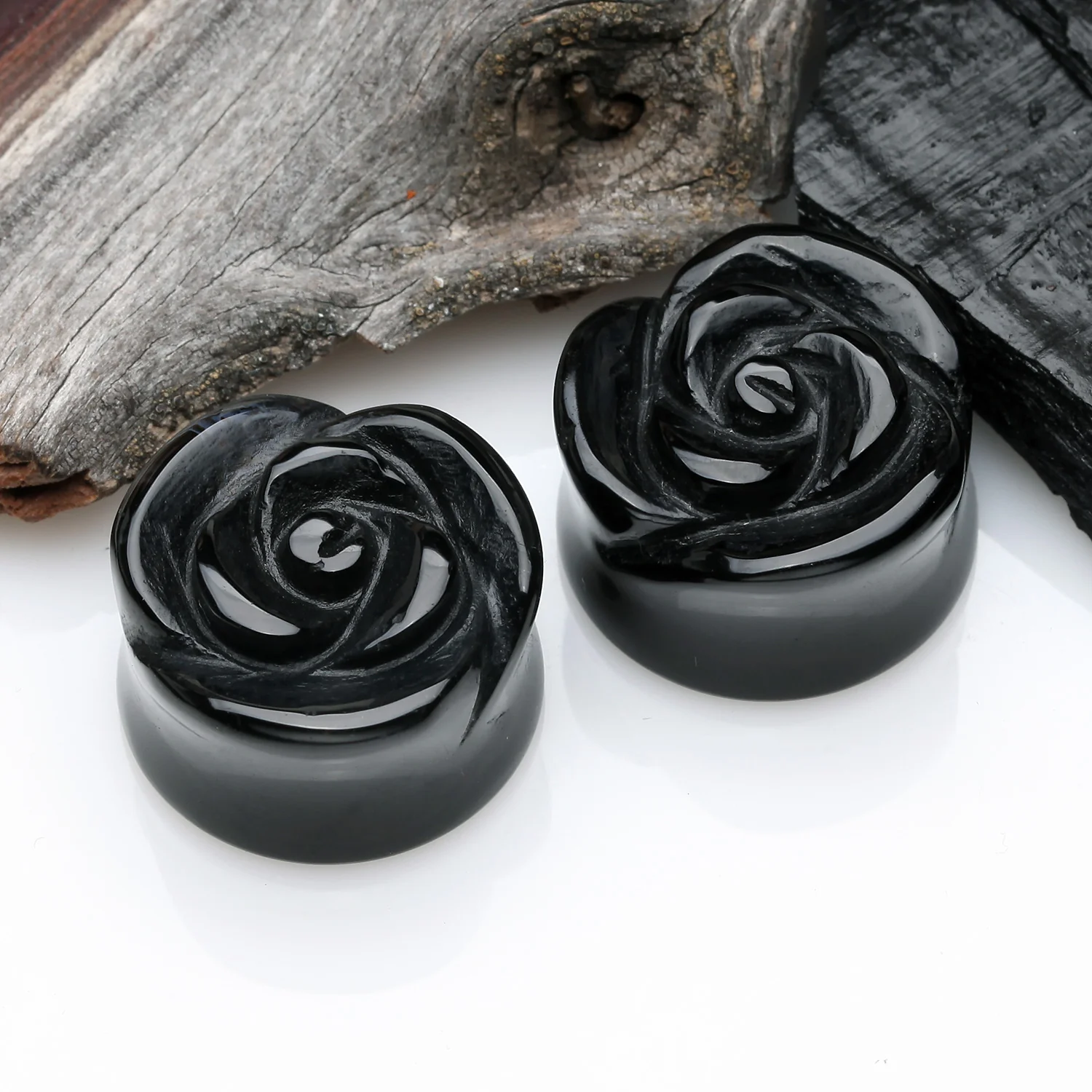 A Pair of Rose Blossom Black Agate Stone Double Flared Plug - Image 2