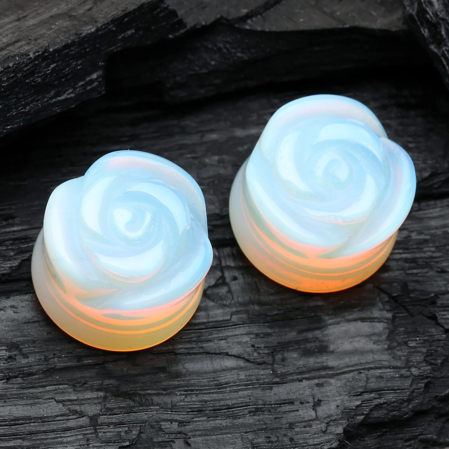 A Pair of Rose Blossom Opalite Stone Double Flared Plug - Image 2