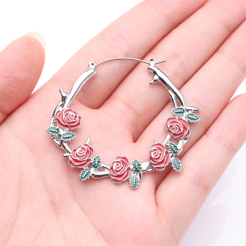 A Pair of Rose Garden Tattoo Art Plug Hoop Earring - Image 3
