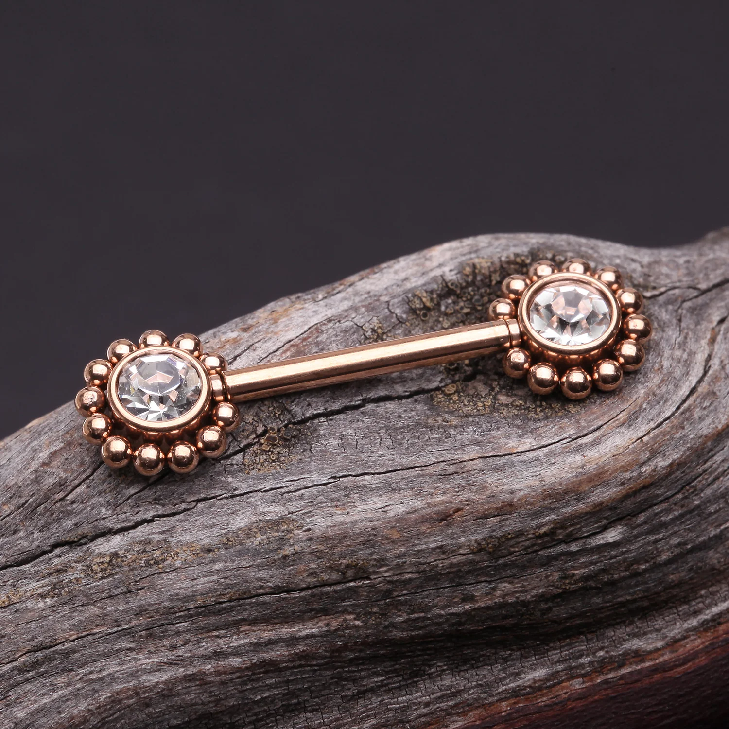 A Pair of Rose Gold Bali Bead Karma Circle Sparkle Threadless Nipple Barbell - Image 2
