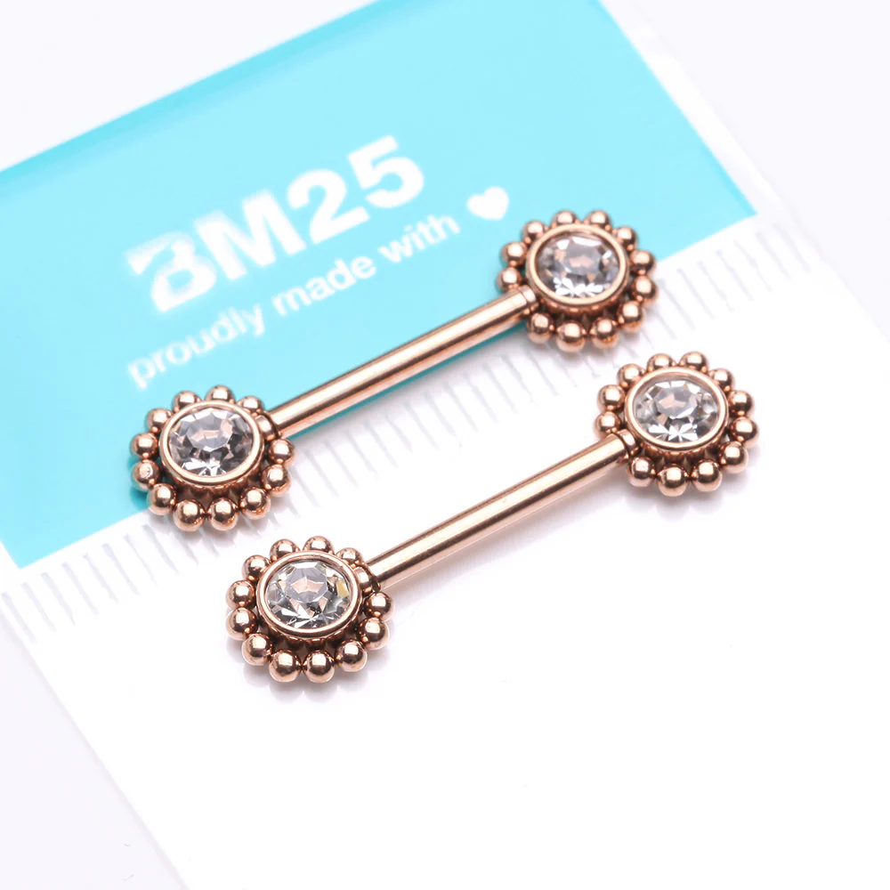 A Pair of Rose Gold Bali Bead Karma Circle Sparkle Threadless Nipple Barbell - Image 3