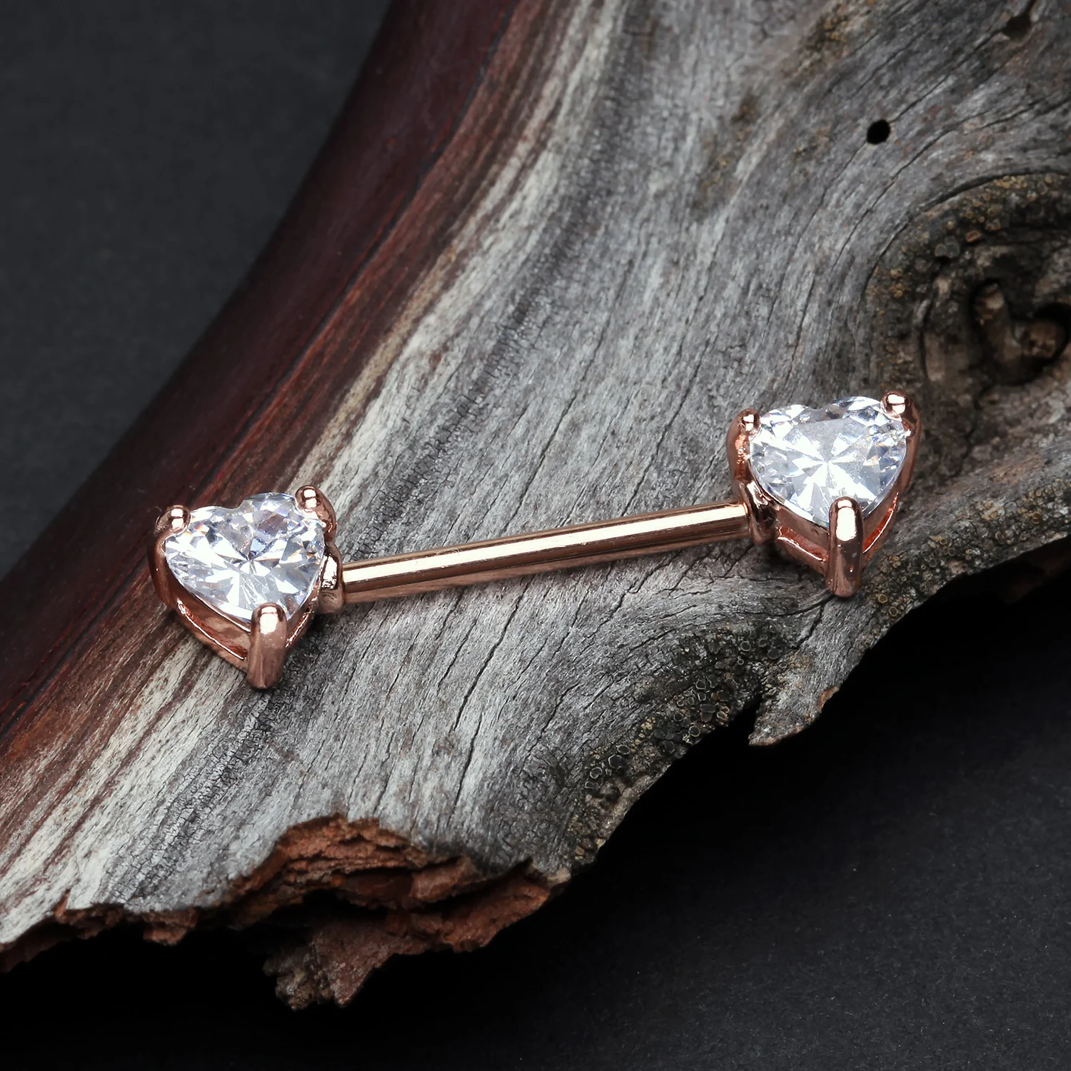 A Pair of Rose Gold Brilliant Heart Sparkle Prong Set Nipple Barbell - Image 2