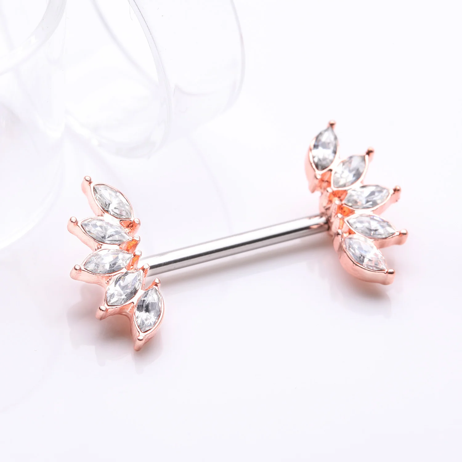 A Pair of Rose Gold Brilliant Marquise Sparkle Floral Nipple Barbell - Image 2