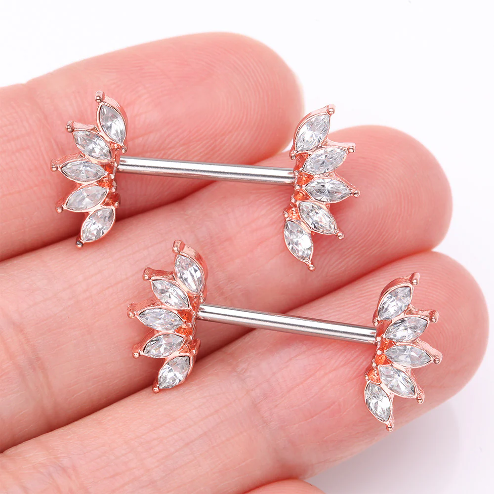 A Pair of Rose Gold Brilliant Marquise Sparkle Floral Nipple Barbell - Image 3