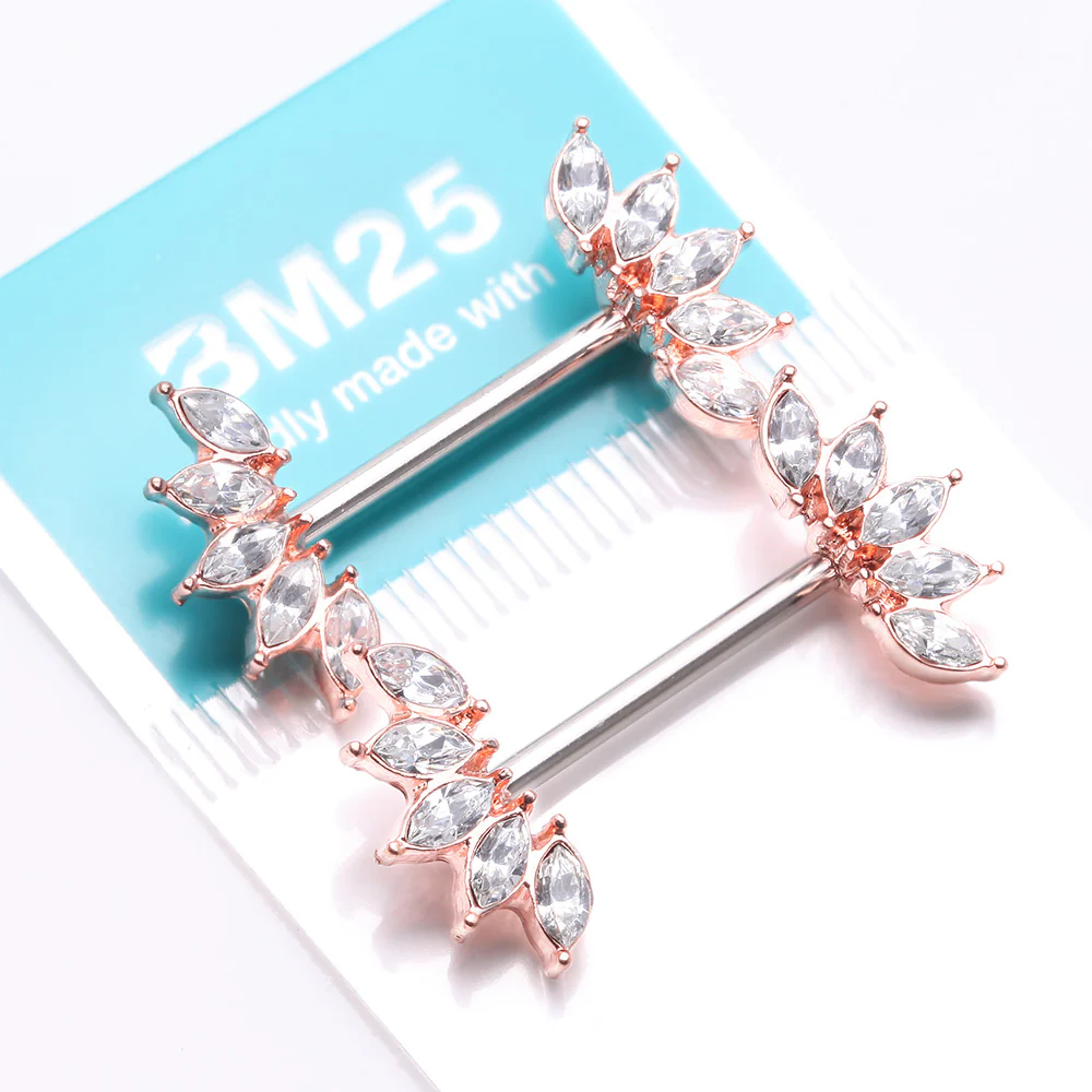 A Pair of Rose Gold Brilliant Marquise Sparkle Floral Nipple Barbell - Image 4