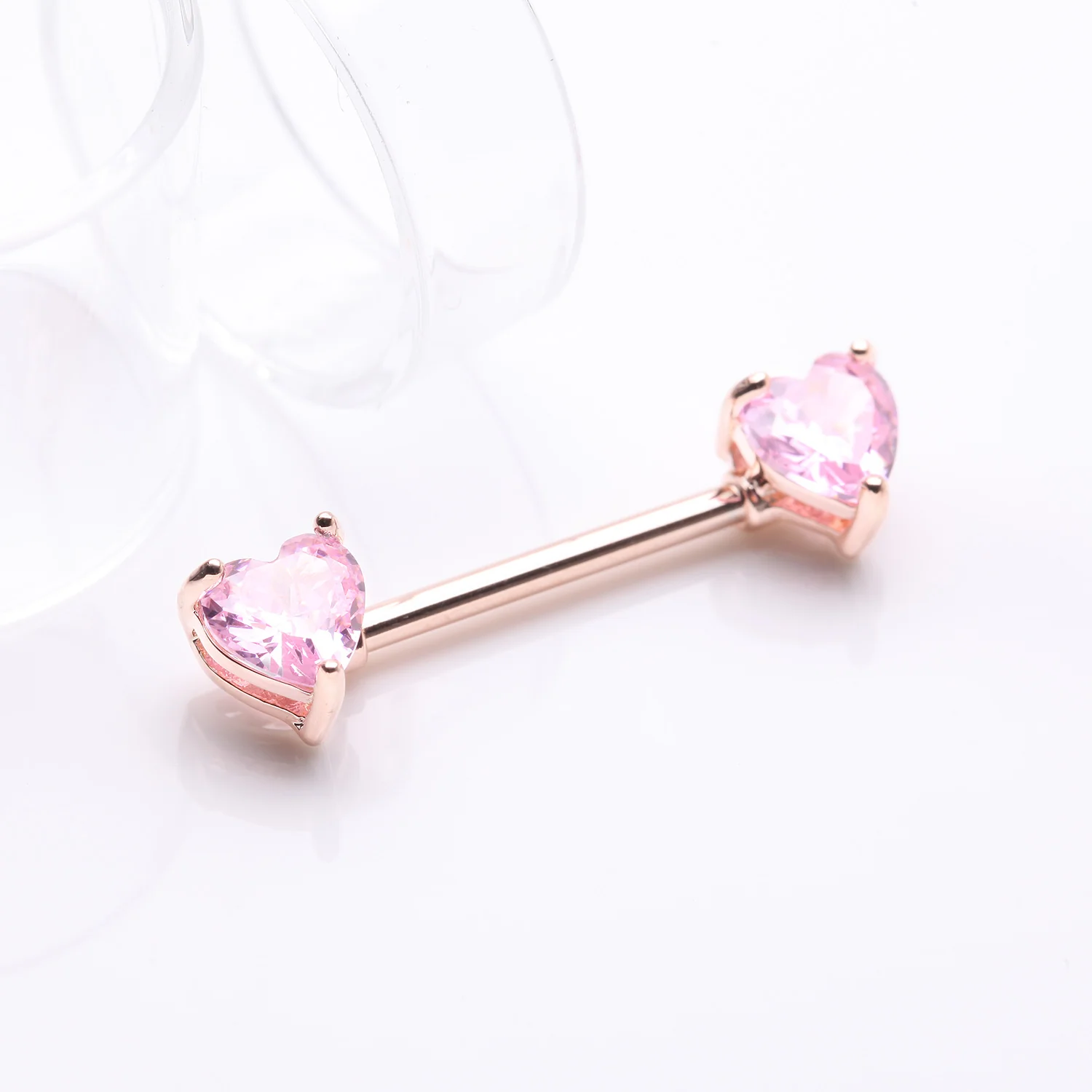A Pair of Rose Gold Double Heart Gem Nipple Barbell Ring - Image 2