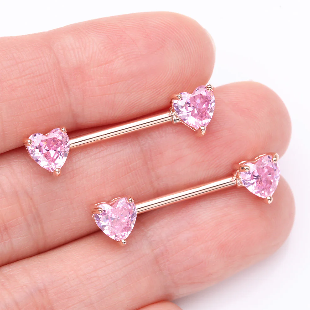 A Pair of Rose Gold Double Heart Gem Nipple Barbell Ring - Image 3