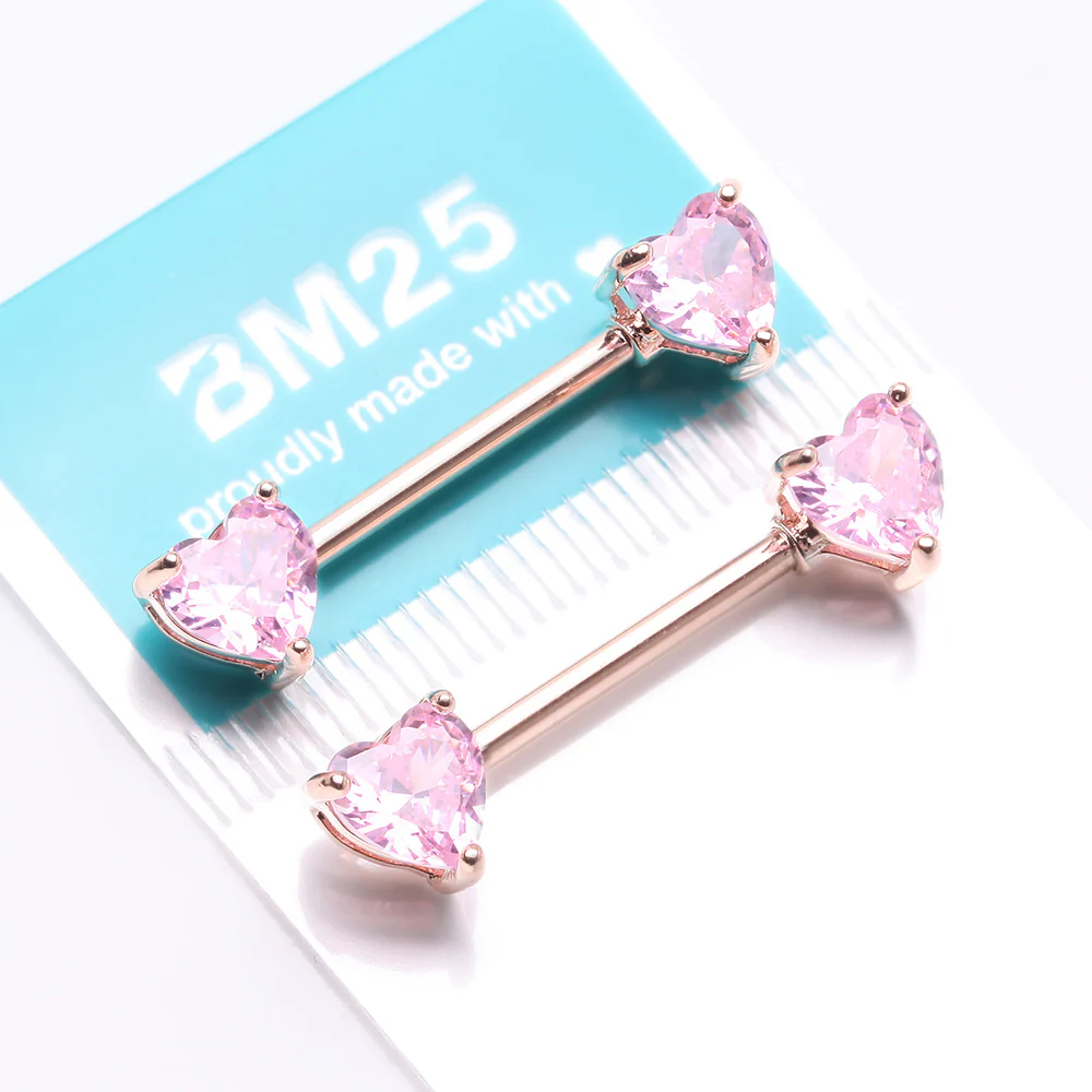 A Pair of Rose Gold Double Heart Gem Nipple Barbell Ring - Image 4