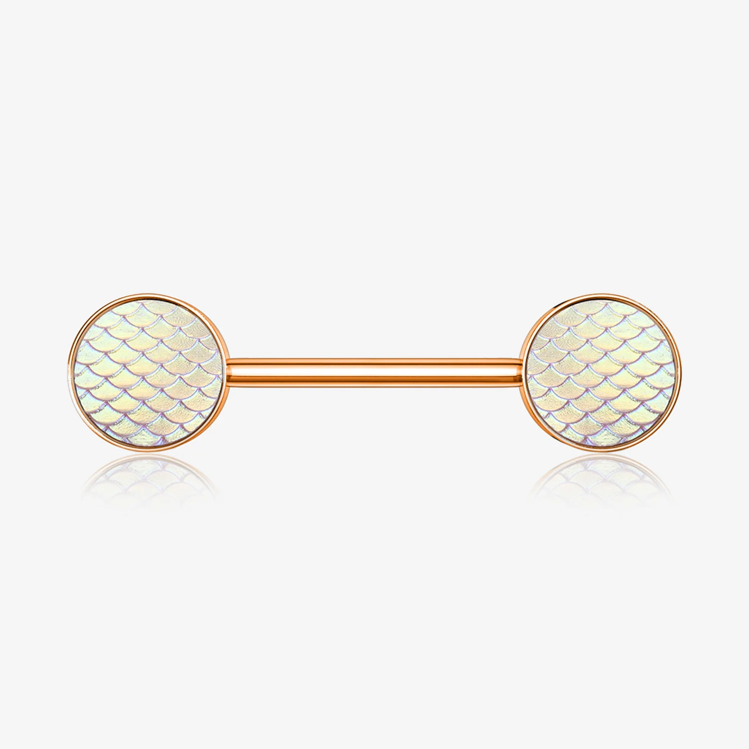 A Pair of Rose Gold Iridescent Mermaid Scale Nipple Barbell
