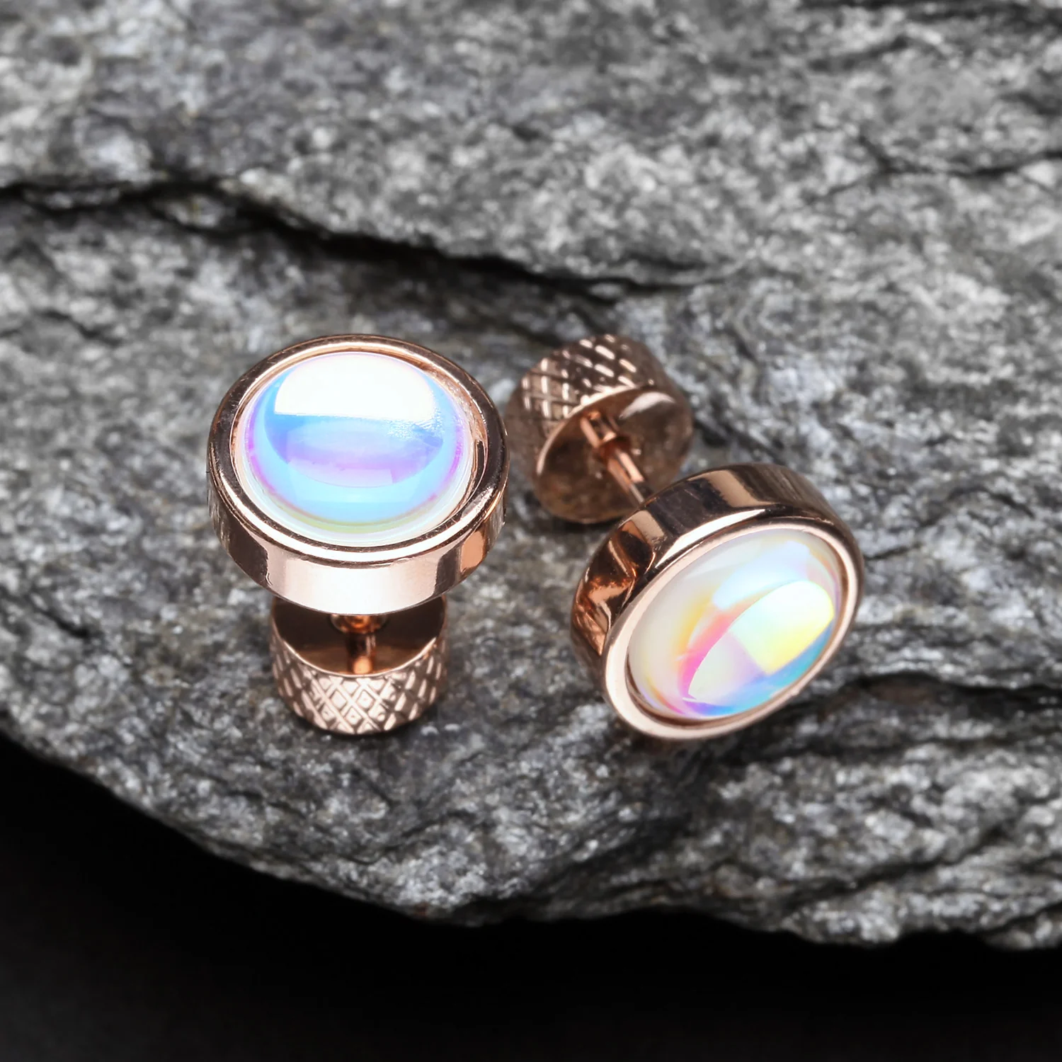 A Pair of Rose Gold Iridescent Revo Sparkle Steel Fake Plug Earring - Image 2