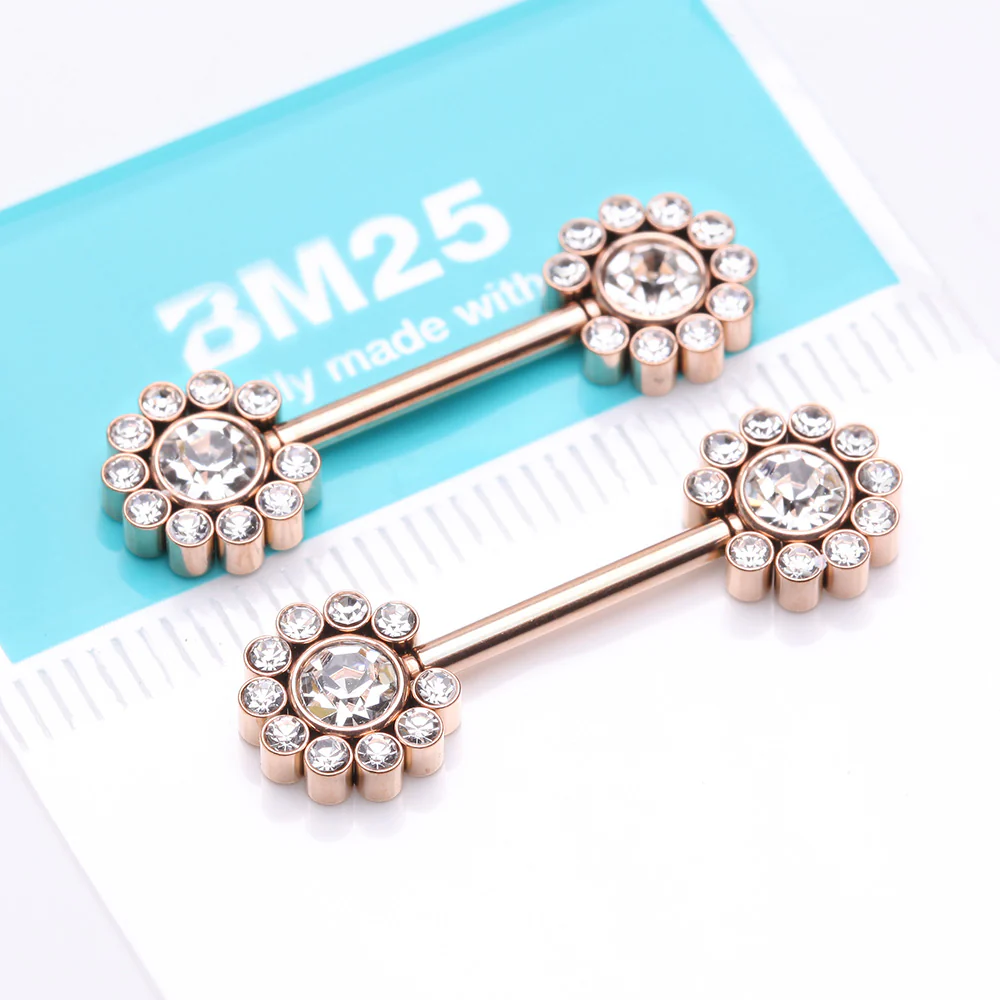 A Pair of Rose Gold Magnificent Floral Sparkle Threadless Nipple Barbell - Image 4