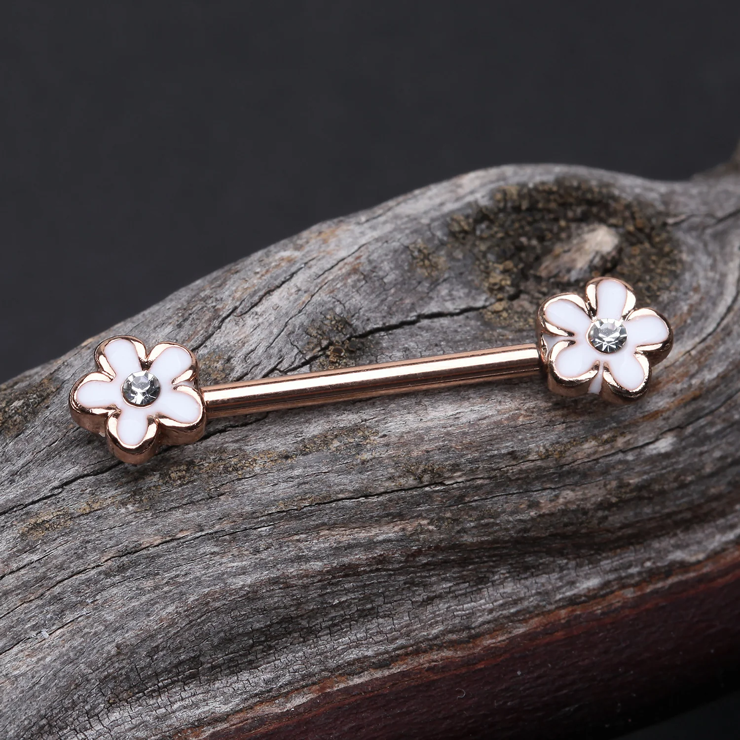 A Pair of Rose Gold Plumeria Flower Sparkle Nipple Barbell - Image 2