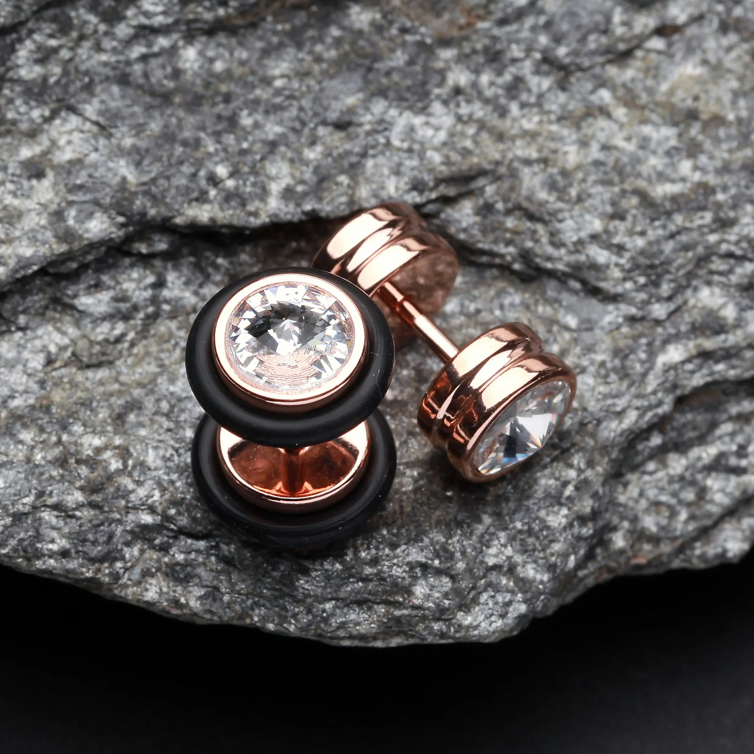 A Pair of Rose Gold PVD Gem Top Fake Plug with O-Rings - Image 2