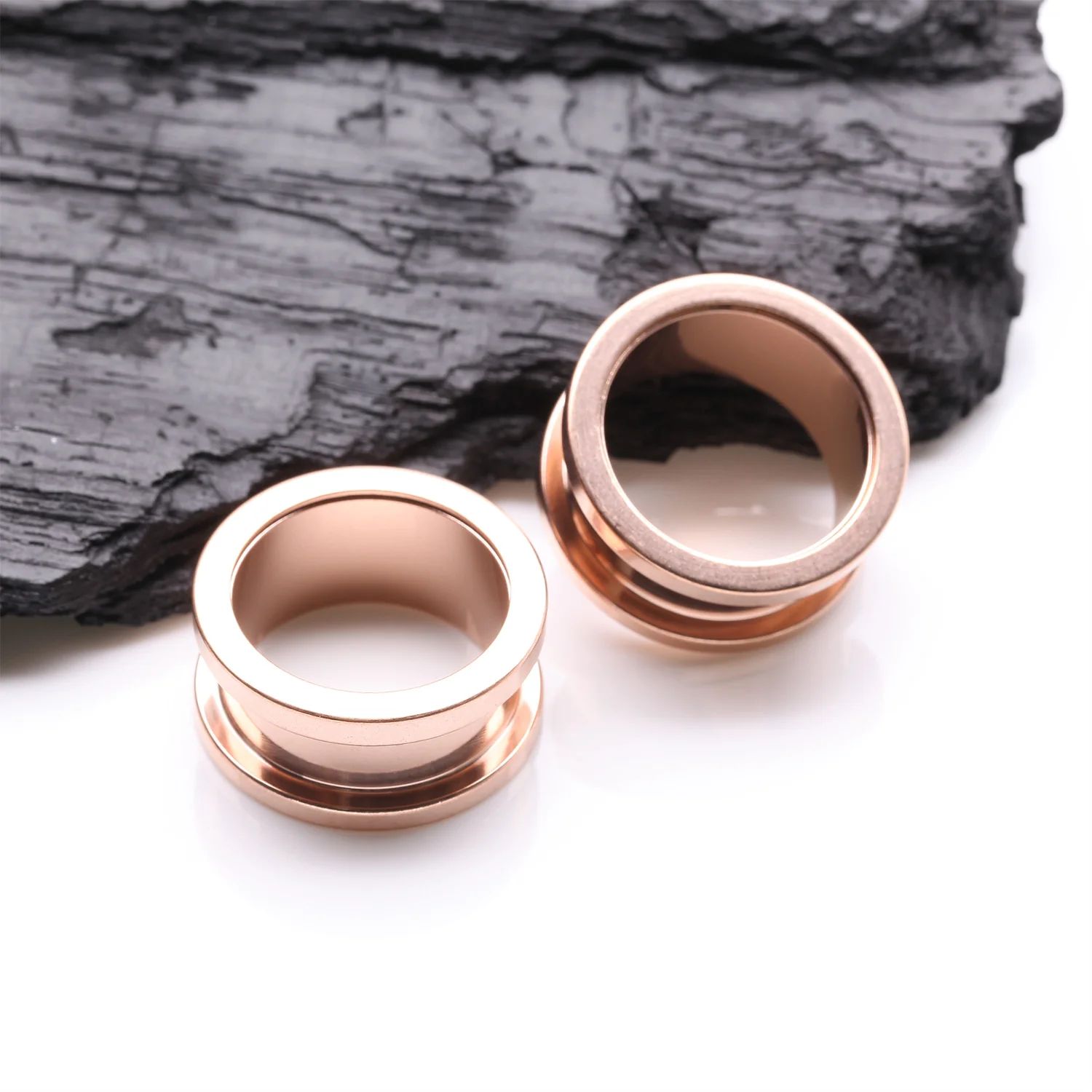 A Pair of Rose Gold PVD Steel Screw-Fit Ear Gauge Tunnel Plug - Image 2