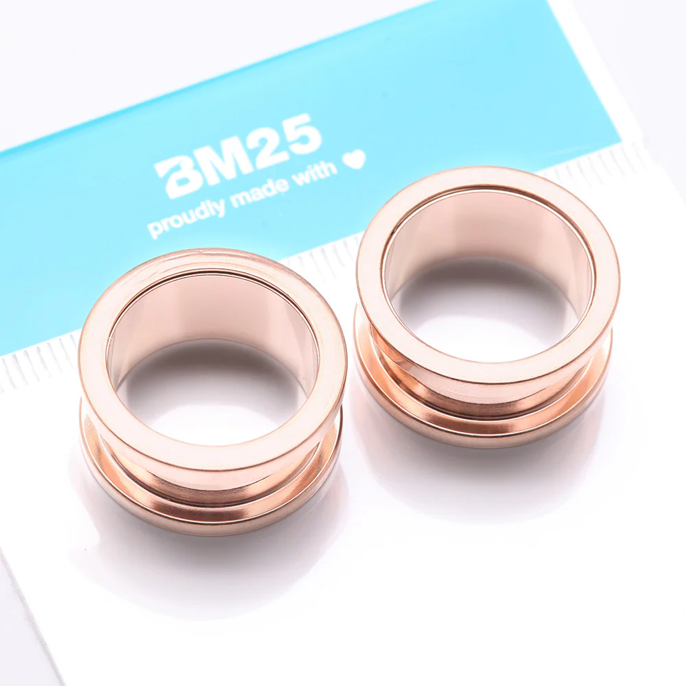 A Pair of Rose Gold PVD Steel Screw-Fit Ear Gauge Tunnel Plug - Image 3