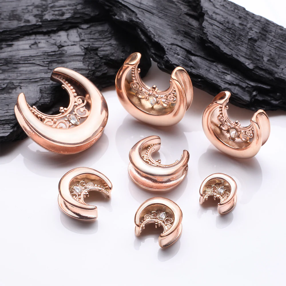 A Pair of Rose Gold Royal Filigree Sparkle Saddle Spreader Steel Double Flared Plug - Image 3