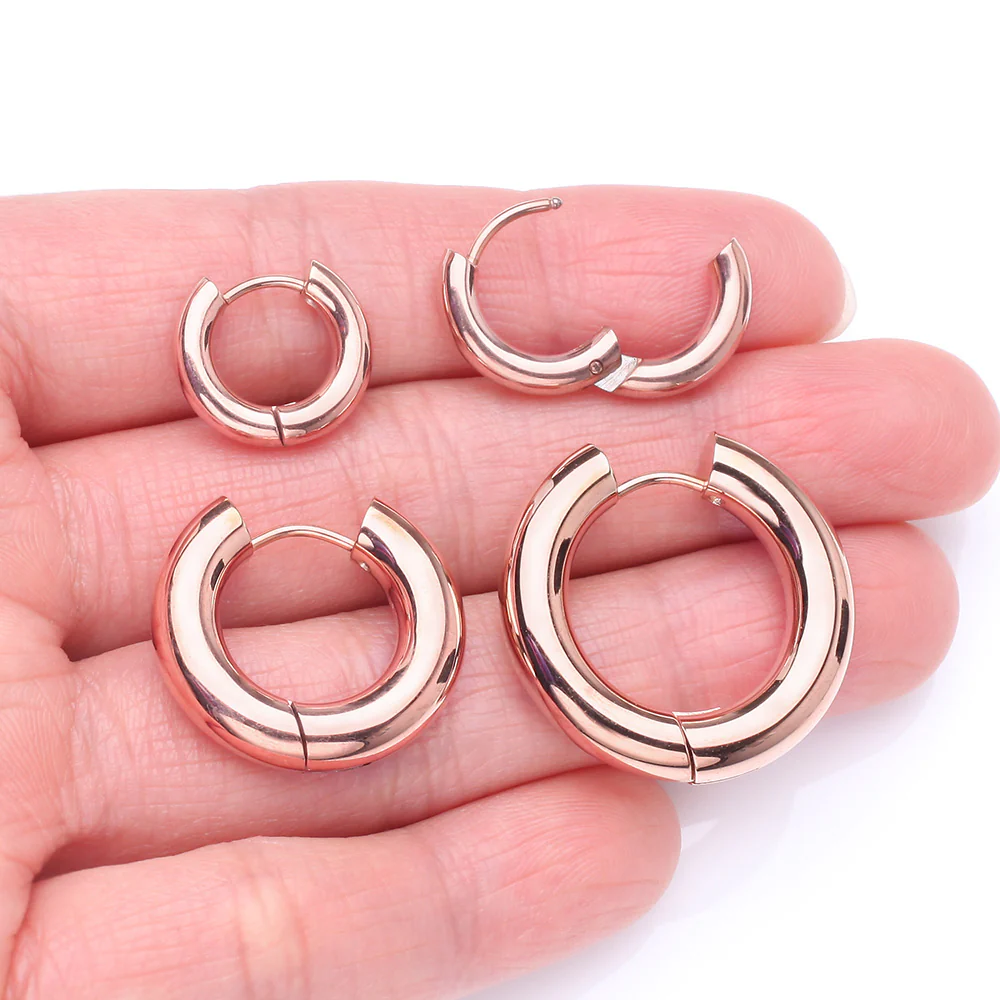 A Pair of Rose Gold Simple Hinged Huggie Hoop Steel Earring - Image 3
