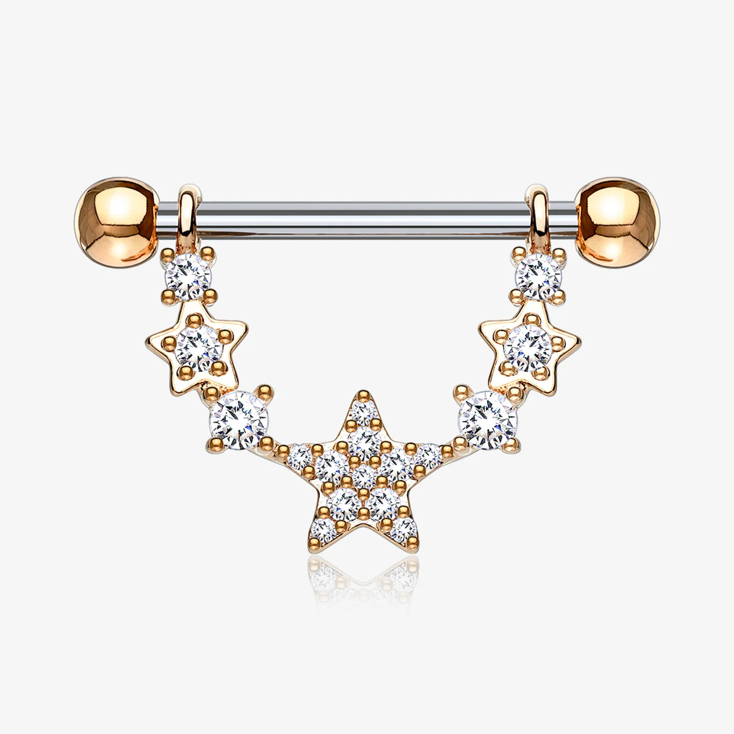 A Pair of Rose Gold Sparkly Glam Stars Dangle Nipple Shield