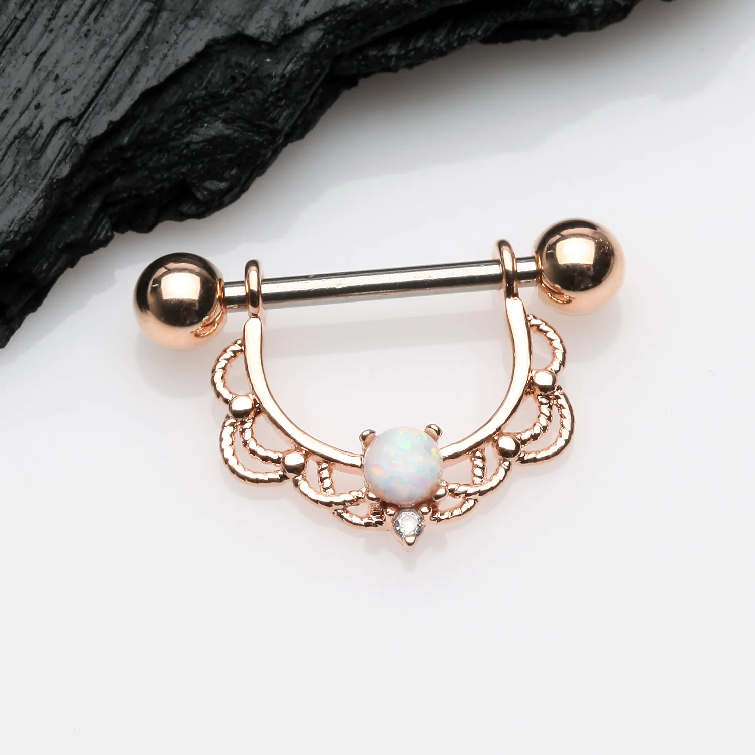 A Pair of Rose Gold Turan Fire Opal Sparkle Dangle Nipple Shield - Image 2