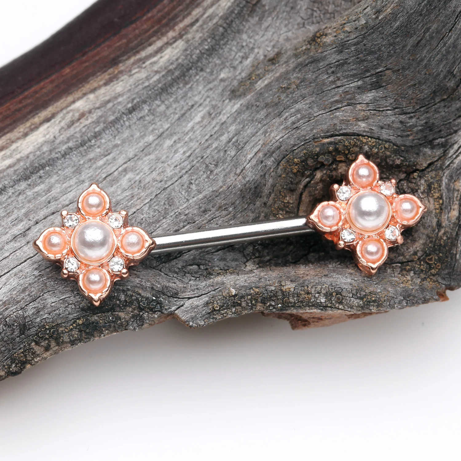 A Pair of Rose Gold Vintage Pearlescent Sparkle Floral Nipple Barbell - Image 2