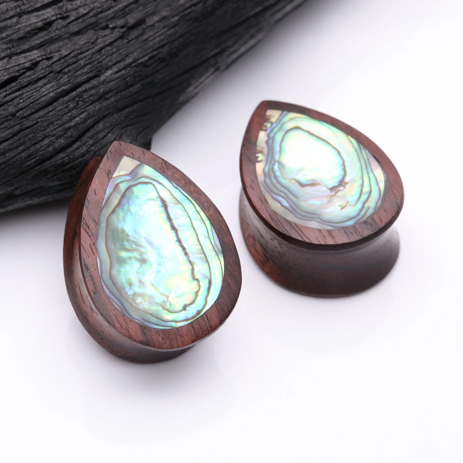 A Pair of Rosewood Bali Abalone Inlay Teardrop Double Flared Plug - Image 2