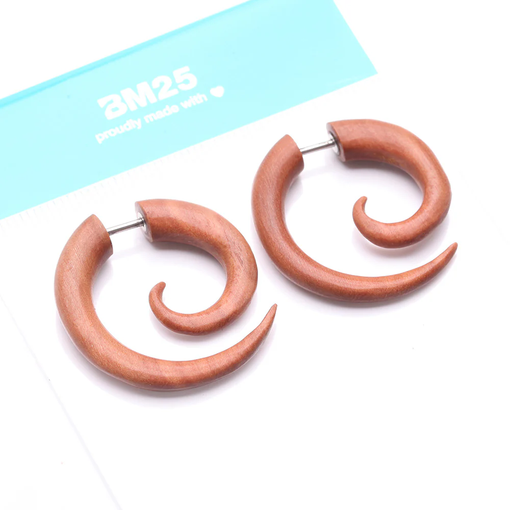 A Pair of Sabo Wood Fake Spiral Hanger Earring - Image 5