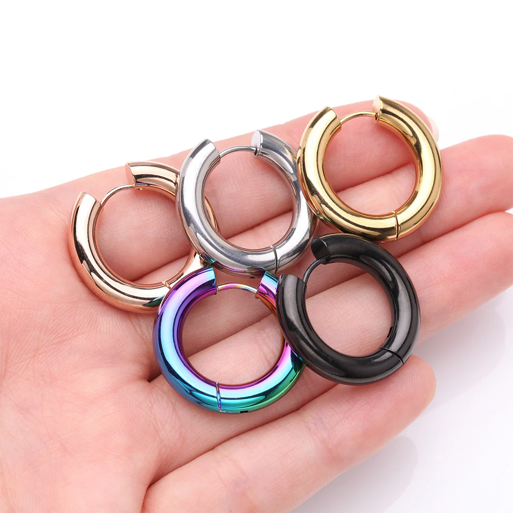 A Pair of Simple Hinged Huggie Hoop Steel Earring - Image 4