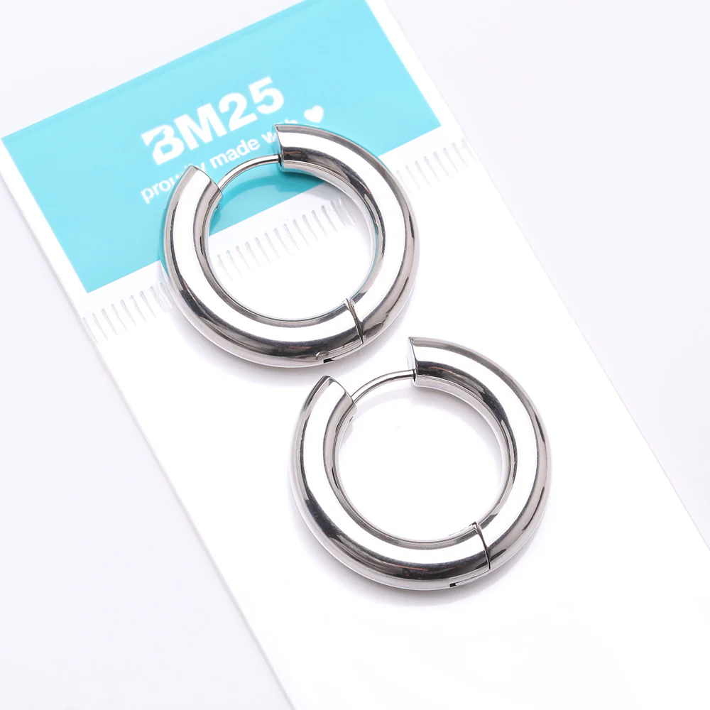 A Pair of Simple Hinged Huggie Hoop Steel Earring - Image 5