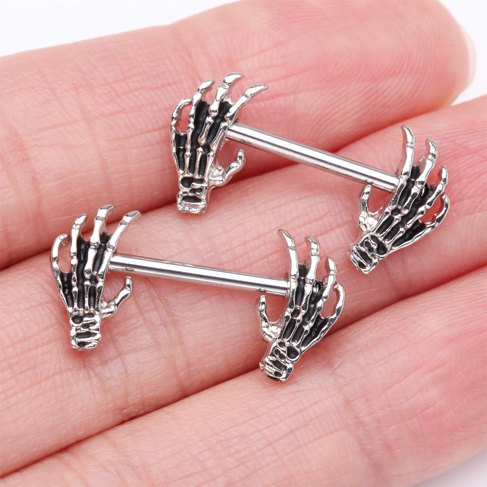 A Pair of Skeleton Hands of Death Steel Nipple Barbell - Image 3