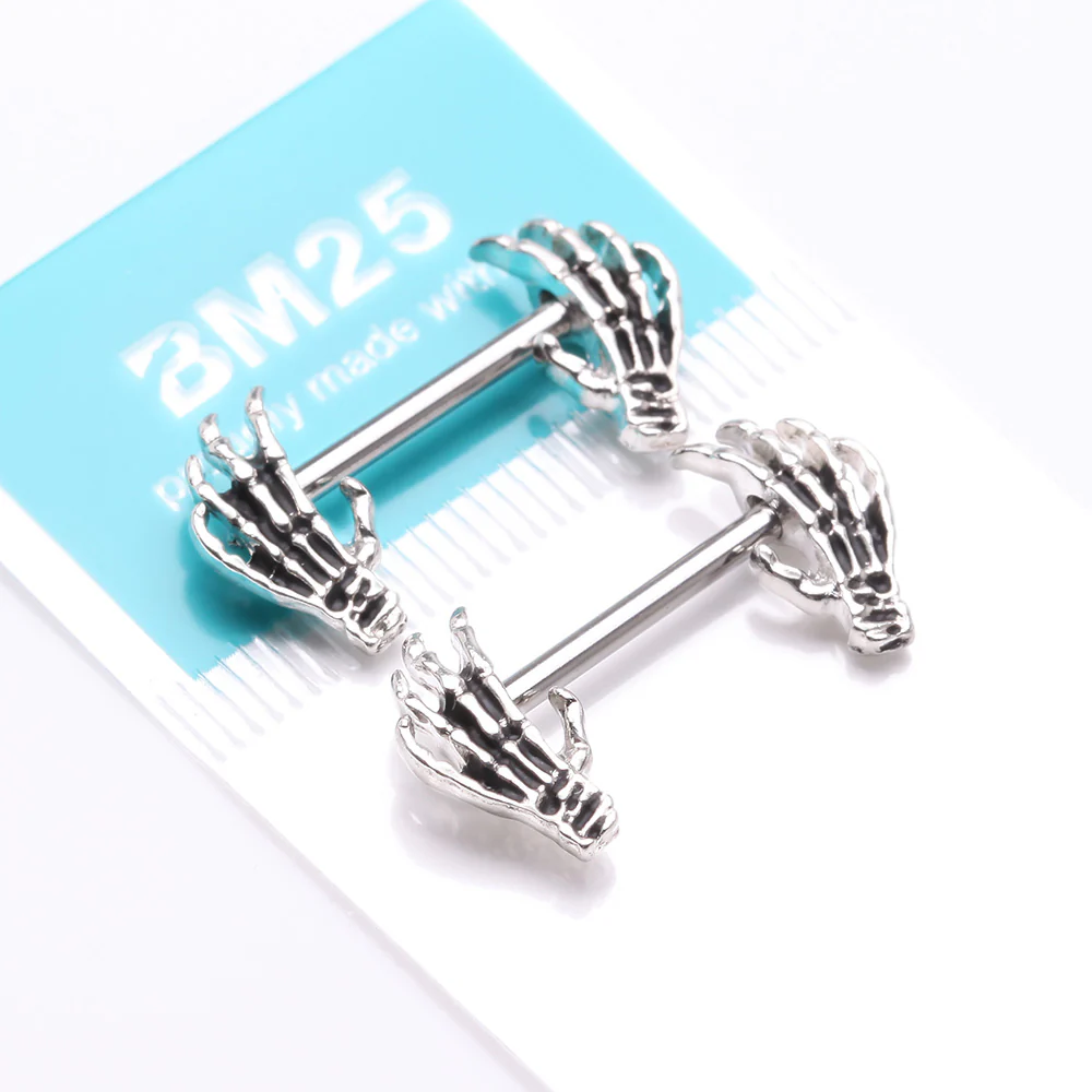 A Pair of Skeleton Hands of Death Steel Nipple Barbell - Image 4
