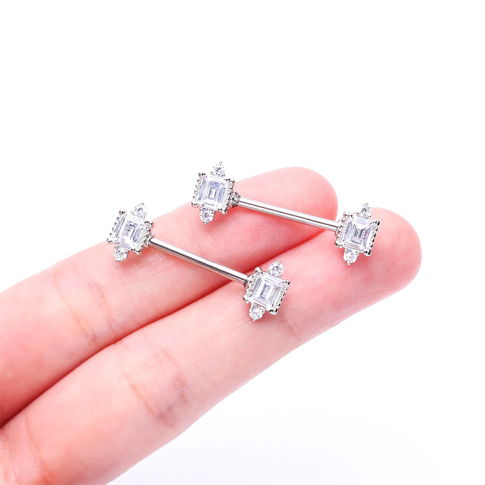 A Pair of Sparkle Renaissance Princess Cut Nipple Barbell - Image 3