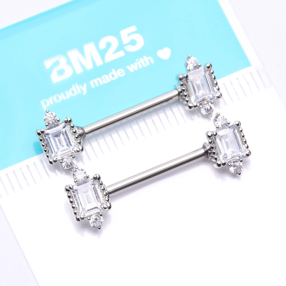 A Pair of Sparkle Renaissance Princess Cut Nipple Barbell - Image 5