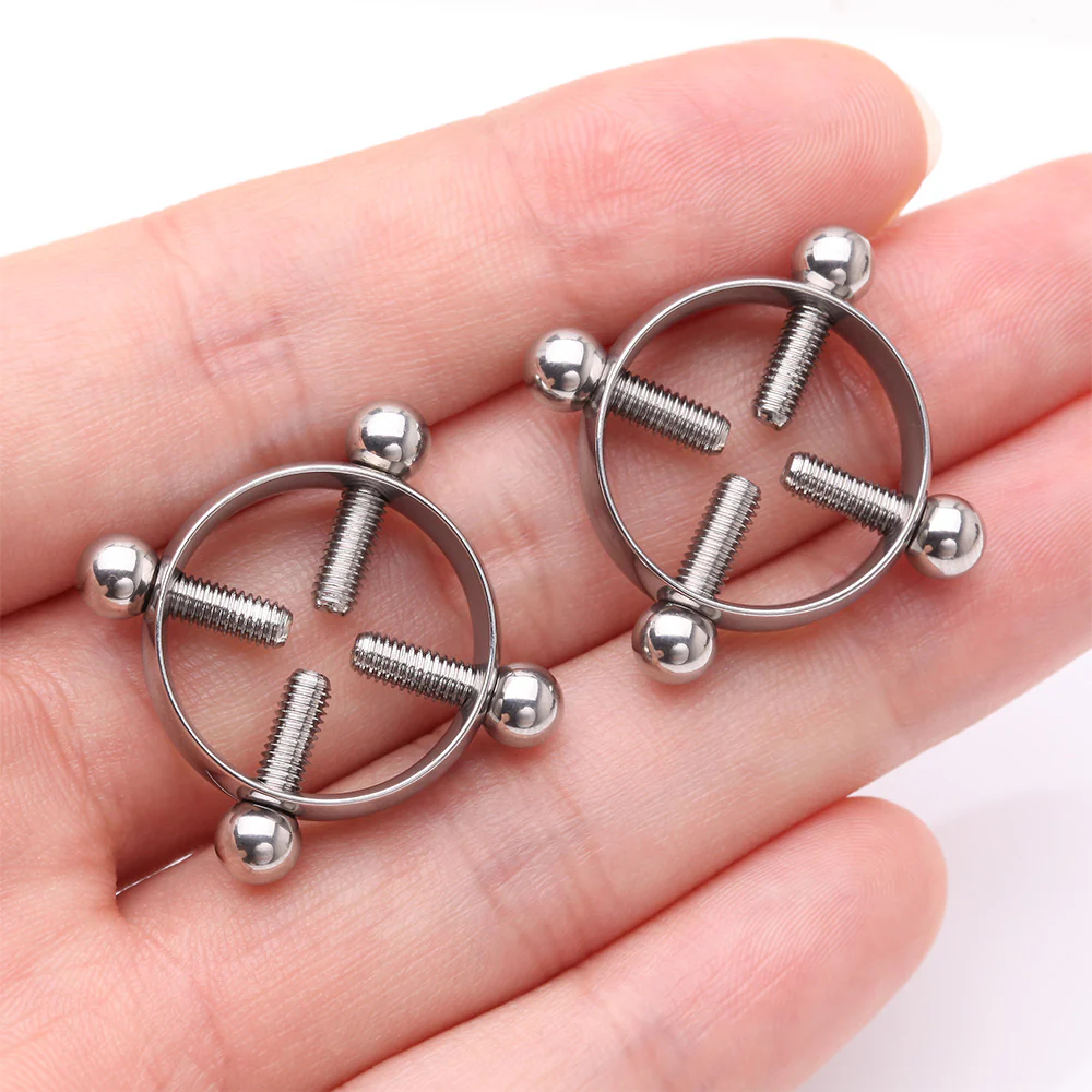 A Pair of Steel Non-Piercing Adjustable Screw Clamp Nipple Ring - Image 3