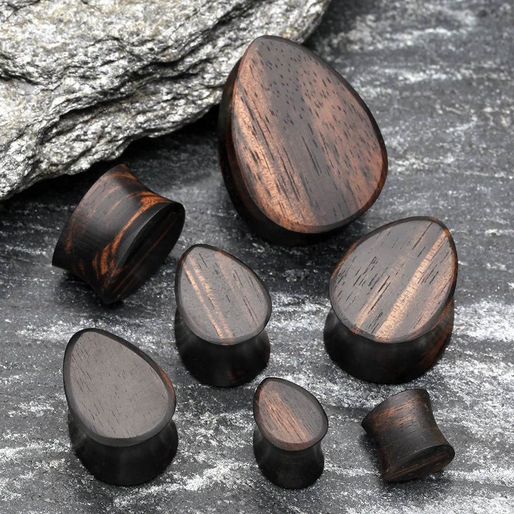A Pair of Teardrop Tiger Ebony Wood Double Flared Plug - Image 3