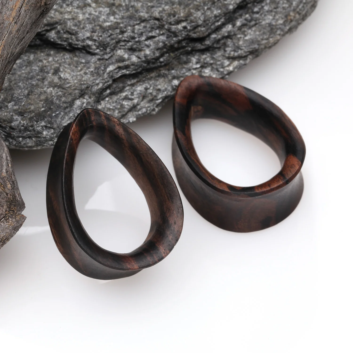 A Pair of Teardrop Tiger Ebony Wood Double Flared Tunnel Plug - Image 2