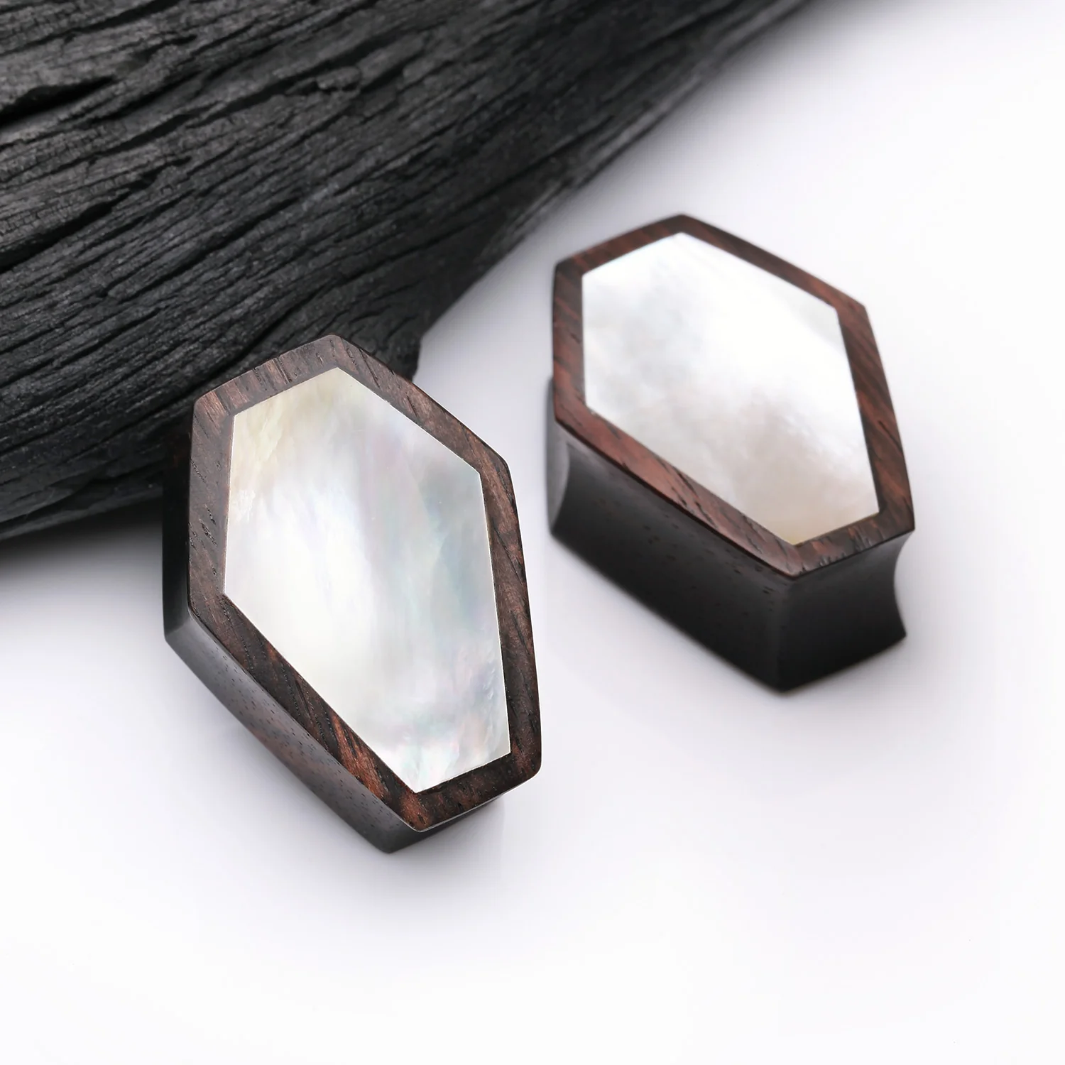 A Pair of Tiger Ebony Wood Mother of Pearl Inlay Casket Double Flared Plug - Image 2