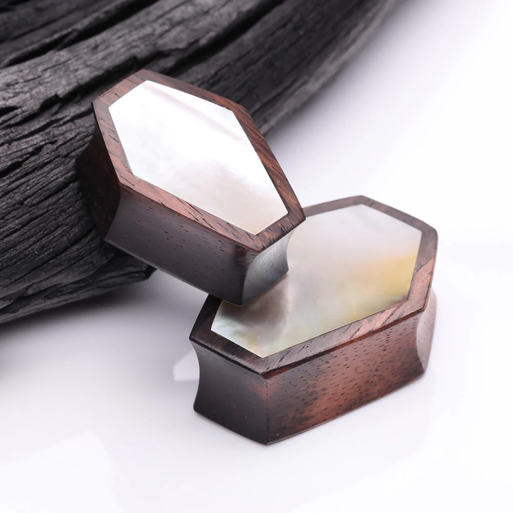 A Pair of Tiger Ebony Wood Mother of Pearl Inlay Casket Double Flared Plug - Image 4
