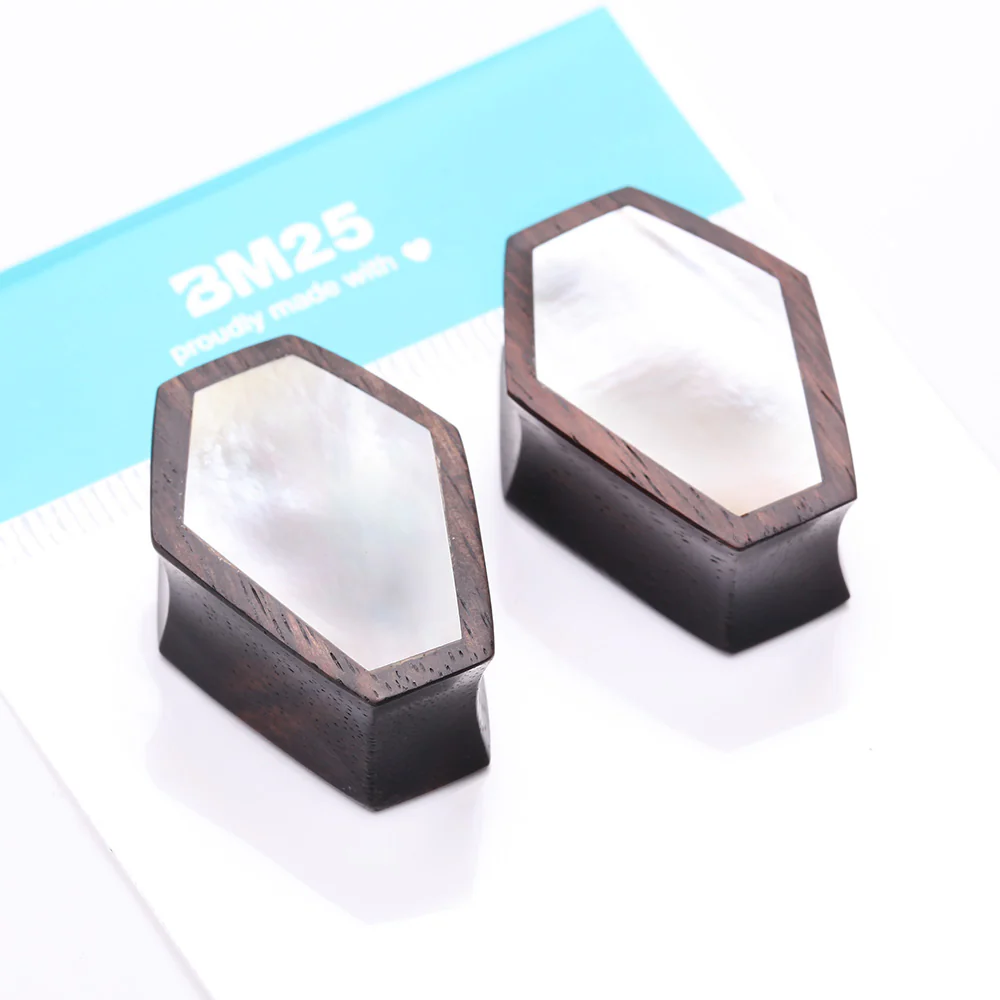 A Pair of Tiger Ebony Wood Mother of Pearl Inlay Casket Double Flared Plug - Image 5