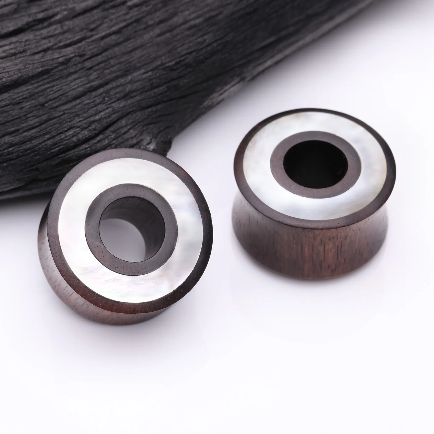 A Pair of Tiger Ebony Wood Mother of Pearl Inlay Double Flared Tunnel Plug - Image 2