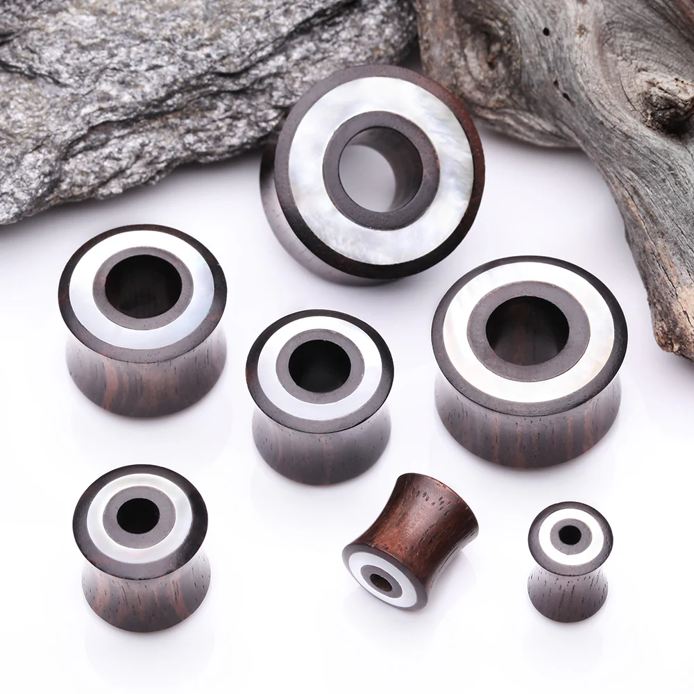 A Pair of Tiger Ebony Wood Mother of Pearl Inlay Double Flared Tunnel Plug - Image 3