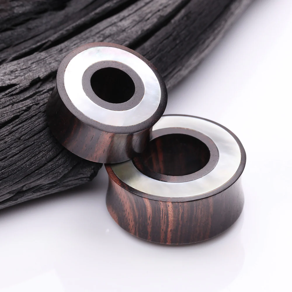 A Pair of Tiger Ebony Wood Mother of Pearl Inlay Double Flared Tunnel Plug - Image 4