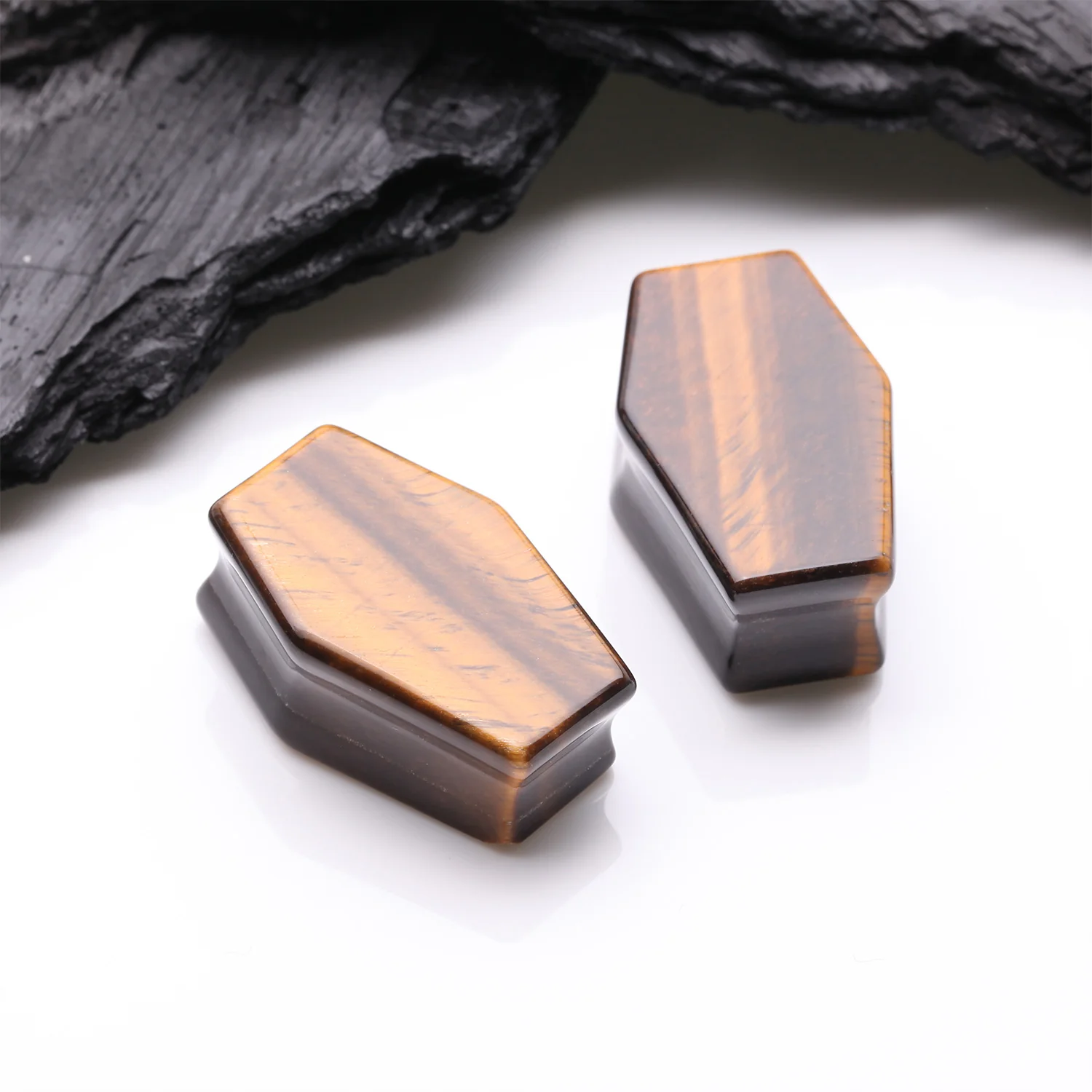 A Pair of Tiger Eye Stone Casket Double Flared Plug - Image 2