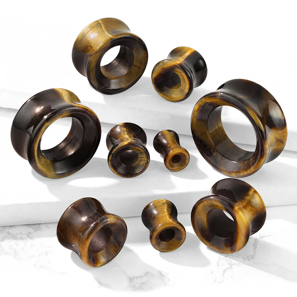 A Pair of Tiger Eye Stone Double Flared Eyelet Plug - Image 3