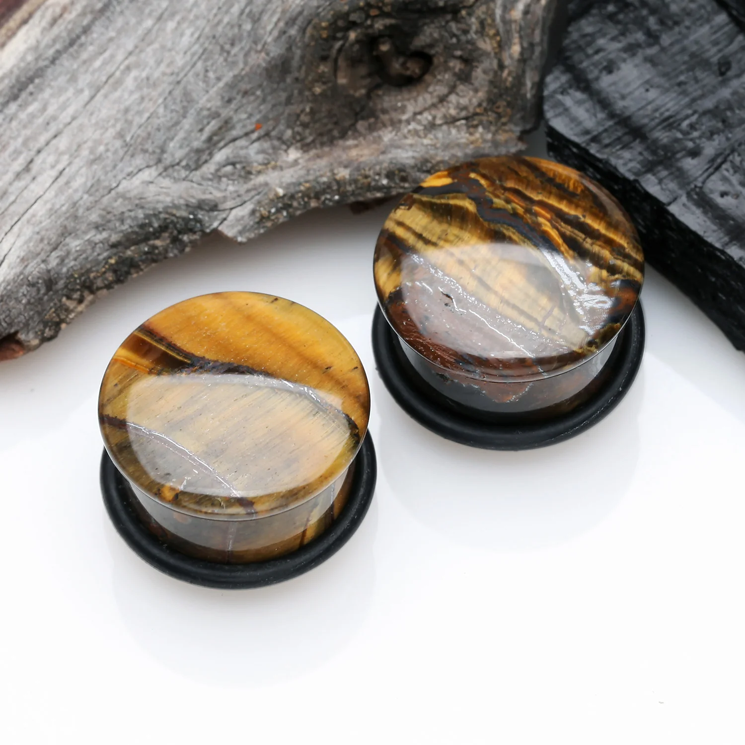 A Pair of Tiger Eye Stone Single Flared Plug with O-Ring - Image 2