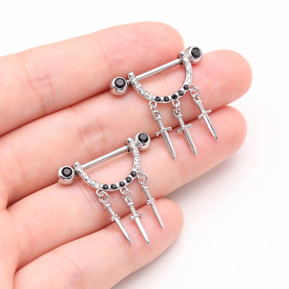 A Pair of Triple Dagger Sword Sparkle Stirrup Dangle Nipple Barbell Ring - Image 3