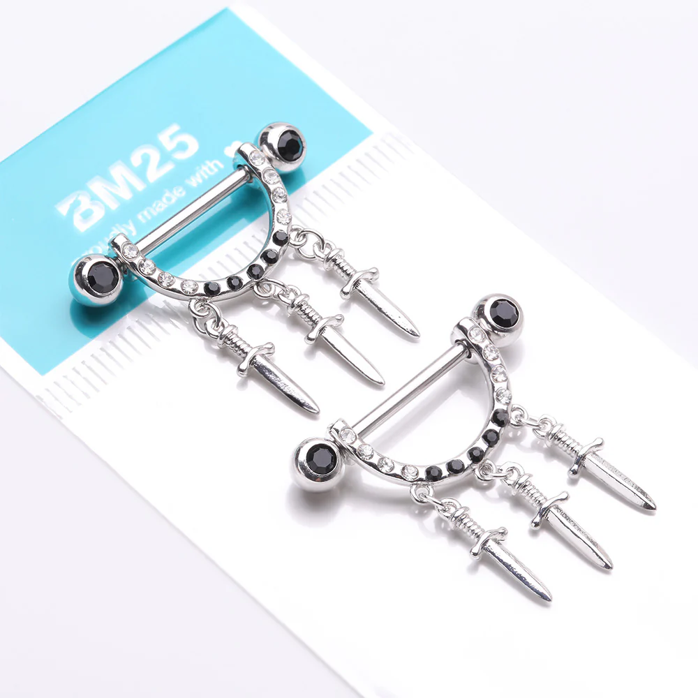 A Pair of Triple Dagger Sword Sparkle Stirrup Dangle Nipple Barbell Ring - Image 4