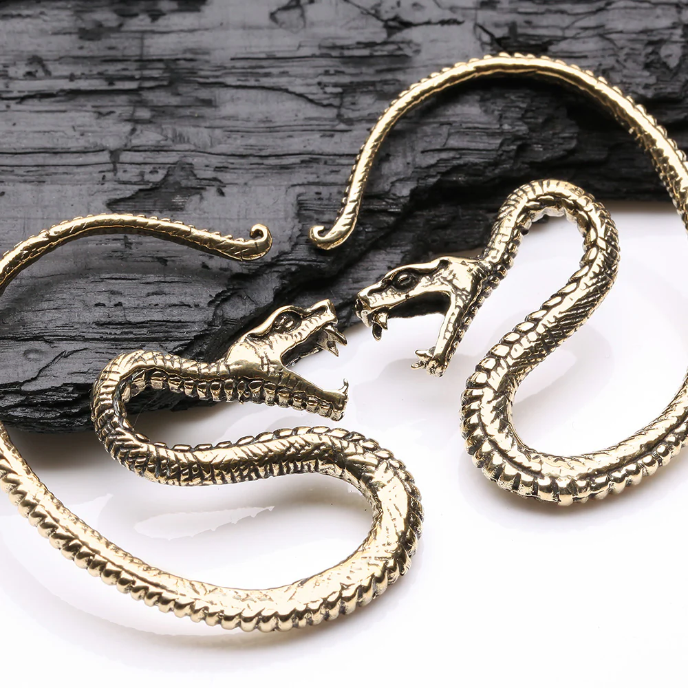 A Pair of Vicious Serpent Snake Swirl Golden Brass Hoop Ear Weight Hanger - Image 4