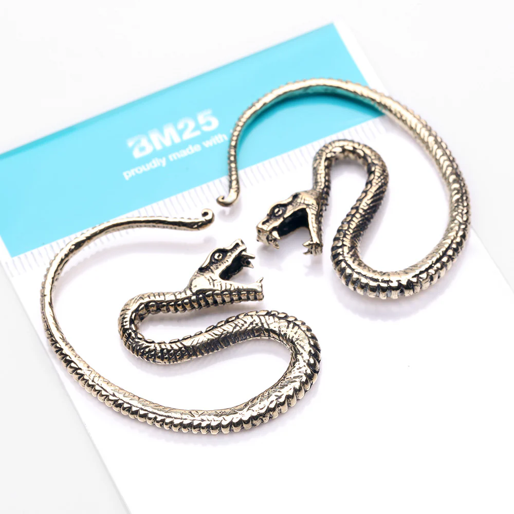 A Pair of Vicious Serpent Snake Swirl Golden Brass Hoop Ear Weight Hanger - Image 5